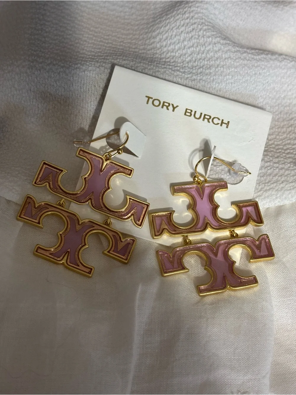 Tory Burch Gold-Tone Earrings with Pink Enamel Double-Logo Drops
